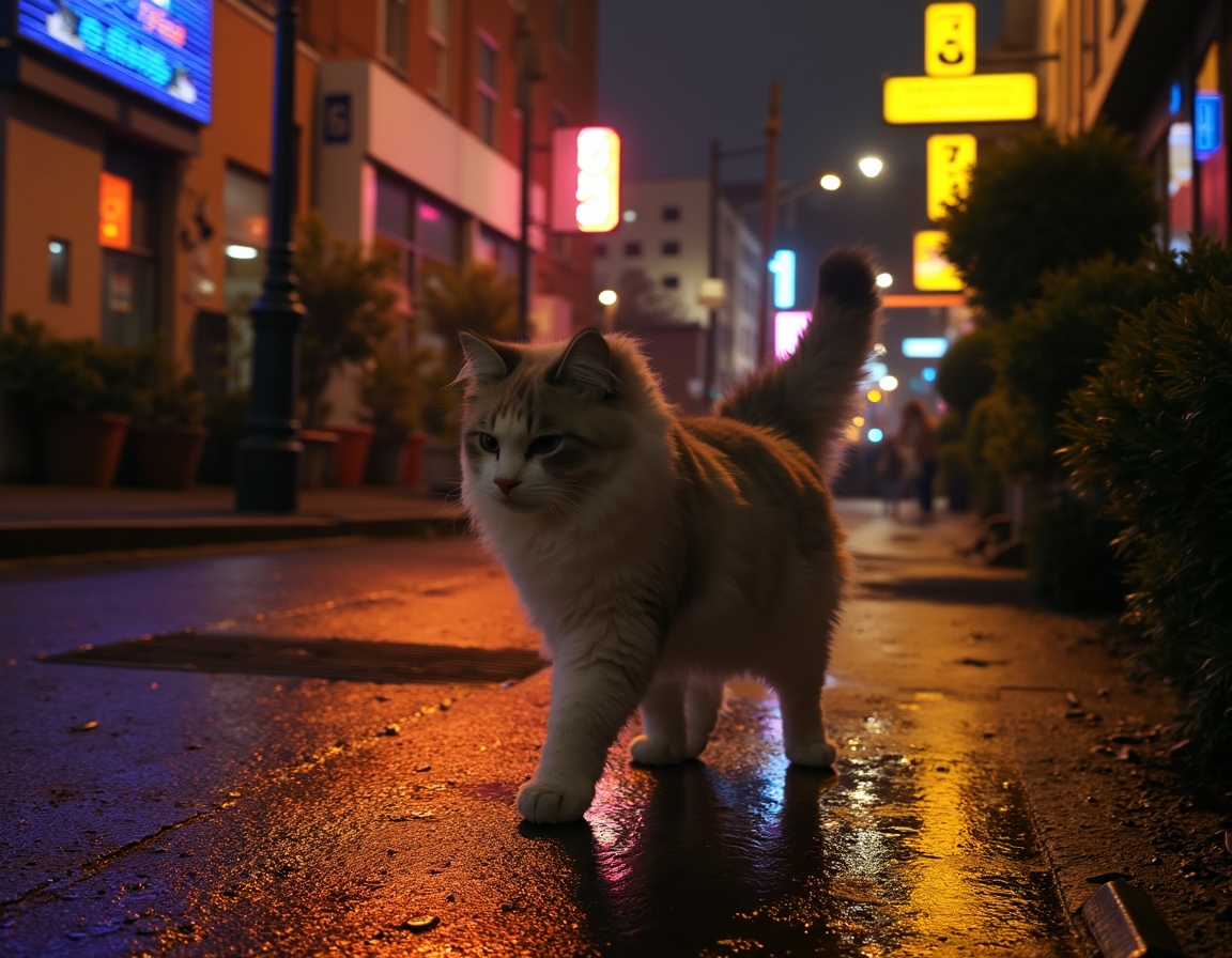 Cat walks through an illuminated cityscape, surrounded by vibrant lights and a serene vibe.